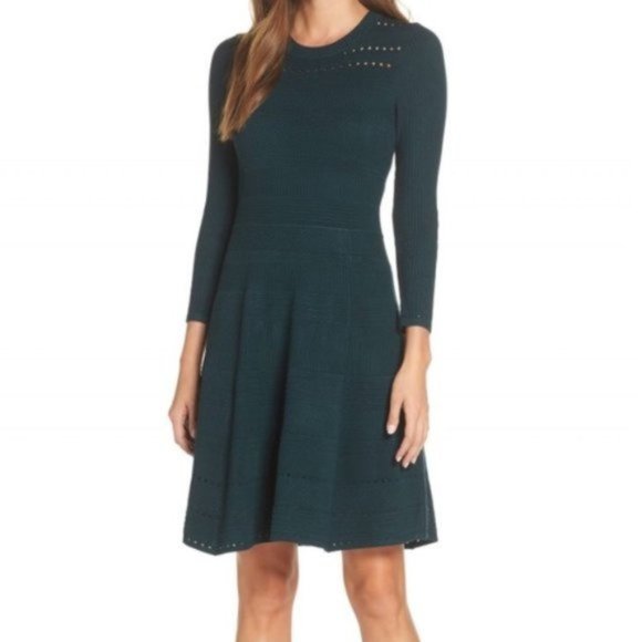 Eliza J Sweater Fit & Flare Dress Emerald Green 4